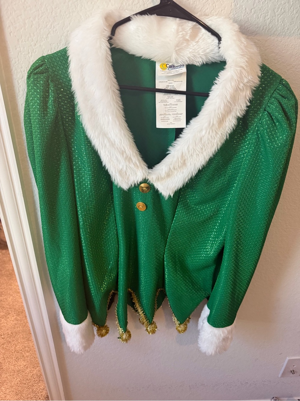 Christmas Elf costume. Green Jacket with White Faux Fur Trim, Red Skirt.